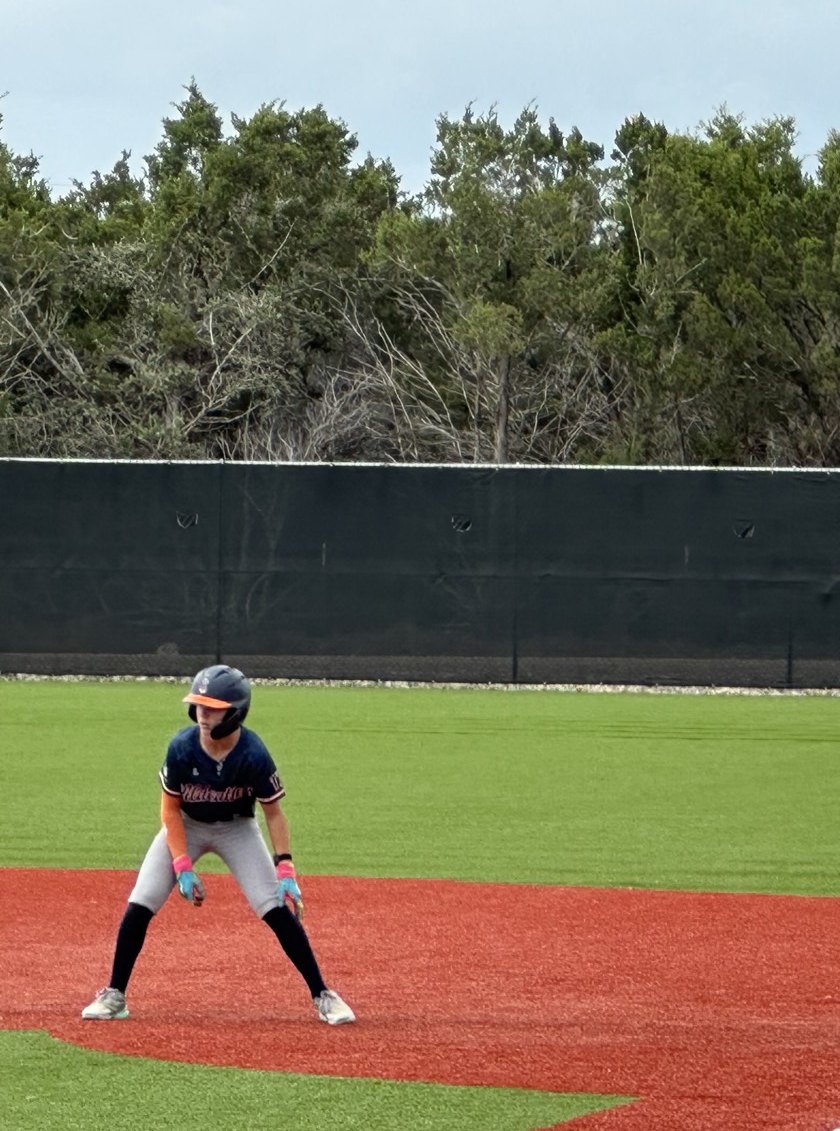 Brayden Palomino taking a lead at first base in a Perfect Game game